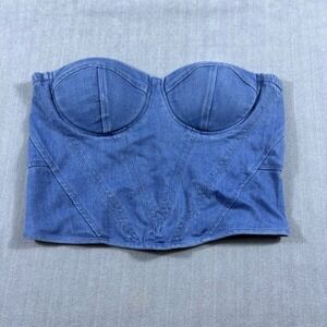 Story On Denim Corset Top Womens Medium Blue Bustier Strapless Zip Back Crop